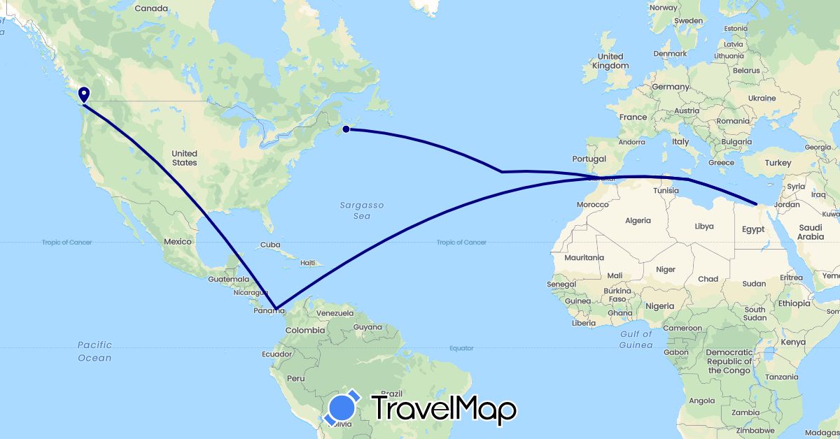 TravelMap itinerary: driving in Canada, Egypt, Gibraltar, Malta, Panama, Portugal (Africa, Europe, North America)